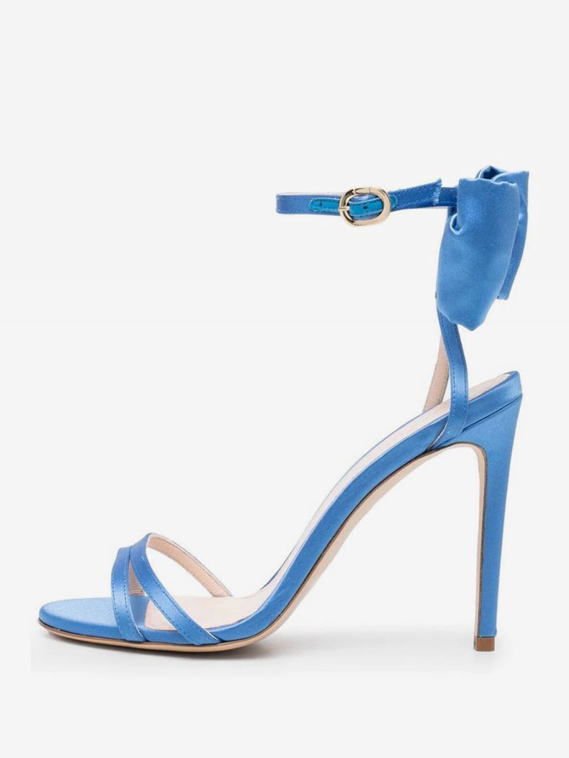 Damessandalen Met Hak Blauw Satijn Open Teen Strik Stilettohak Galaschoenen - Blauw