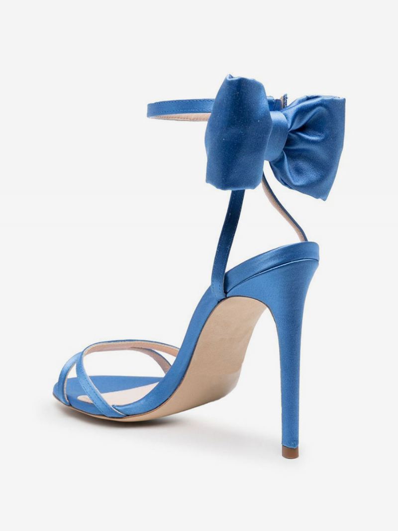 Damessandalen Met Hak Blauw Satijn Open Teen Strik Stilettohak Galaschoenen - Blauw