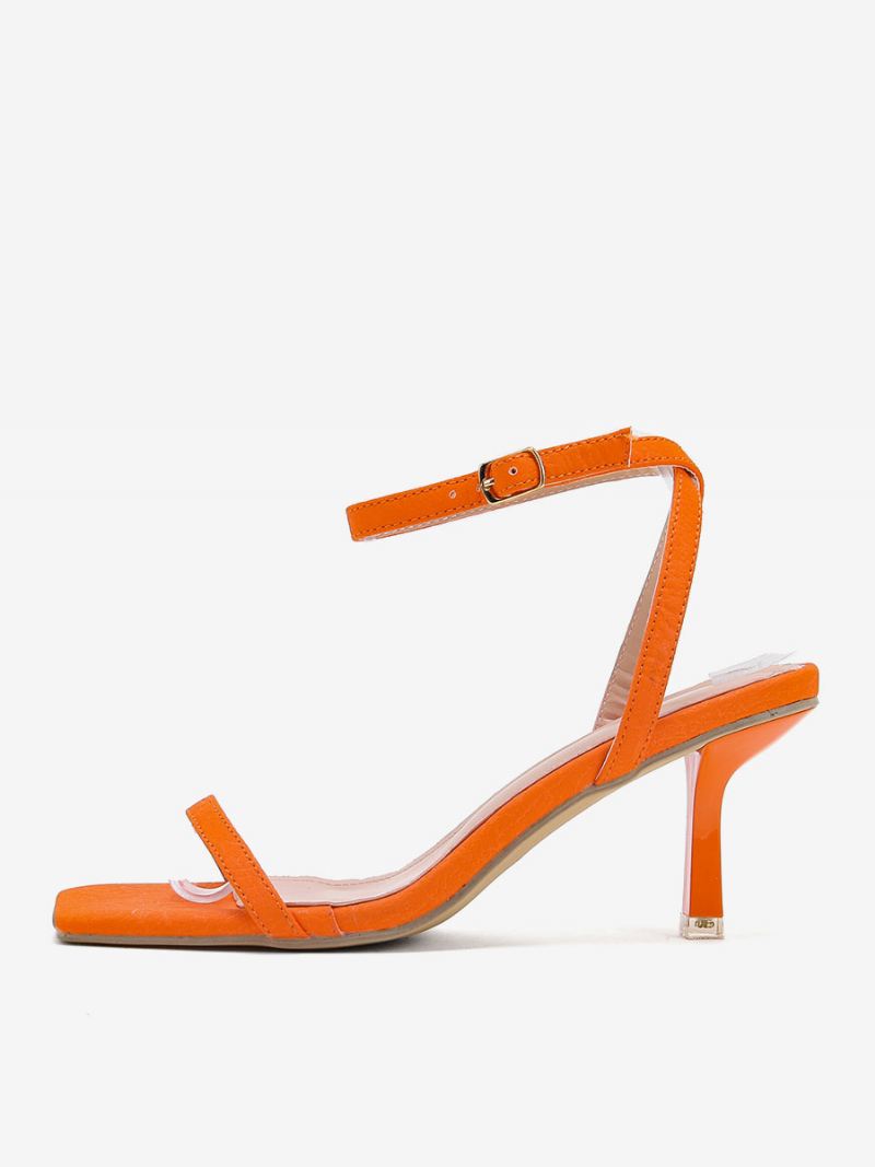 Damessandalen Met Hak Pu-leren Sandalen Vierkante Neus Stilettohak - Oranje Rood