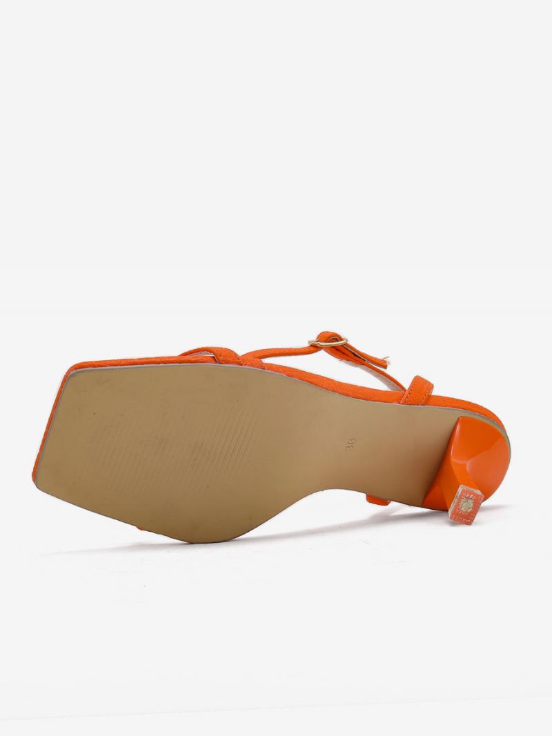 Damessandalen Met Hak Pu-leren Sandalen Vierkante Neus Stilettohak - Oranje Rood