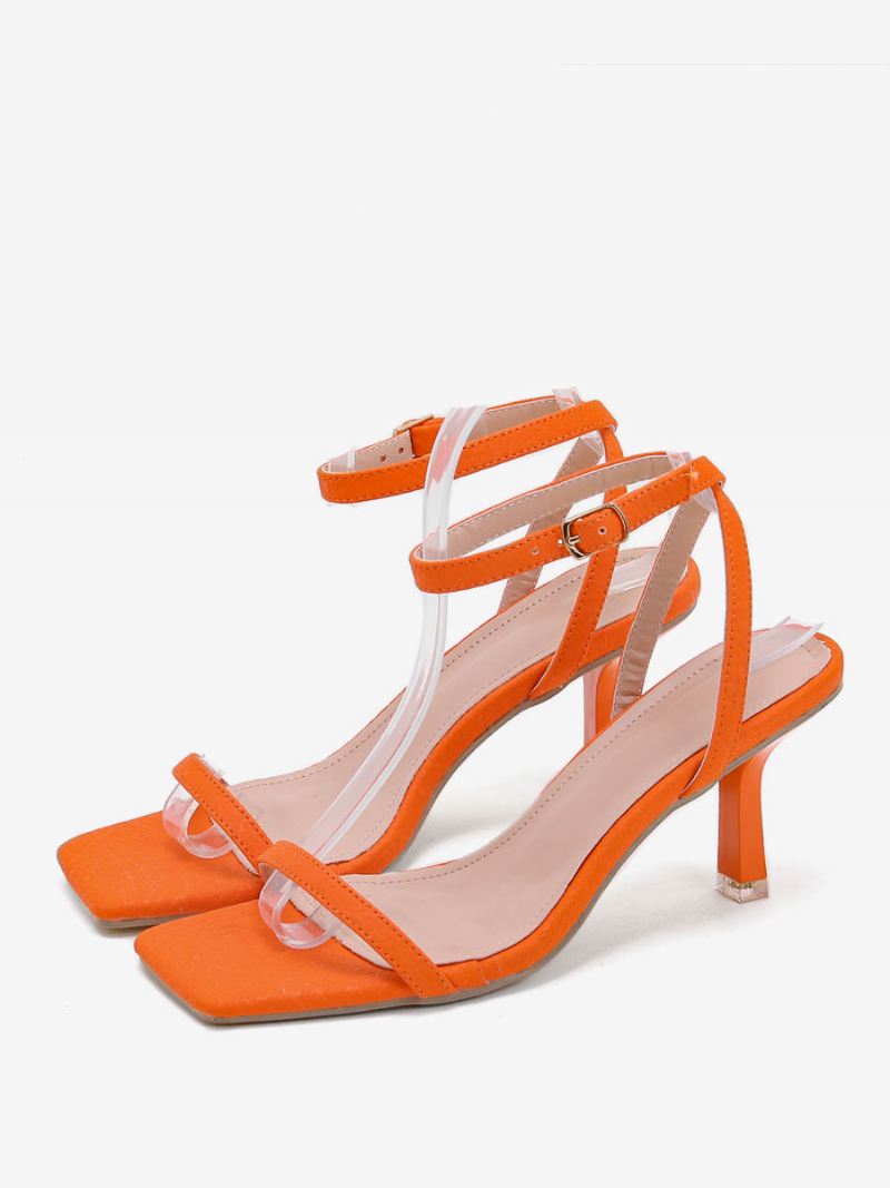 Damessandalen Met Hak Pu-leren Sandalen Vierkante Neus Stilettohak - Oranje Rood