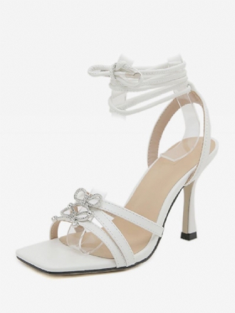 Damessandalen Met Hak Witte Open Teen Stilettohak Strass-sandalen Veters