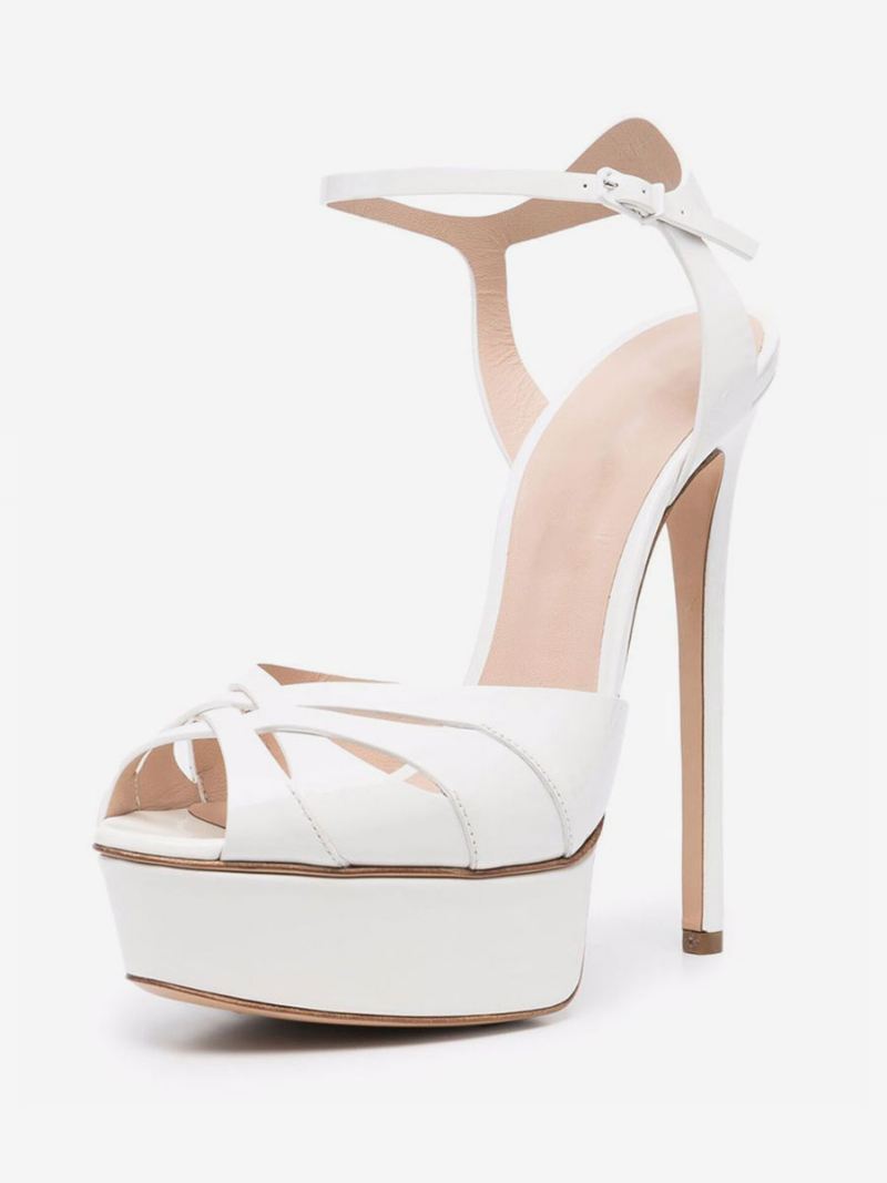 Damessandalen Met Hak Witte Peep Toe Platform Stilettohak Sandalen Feestschoenen - Warm Wit