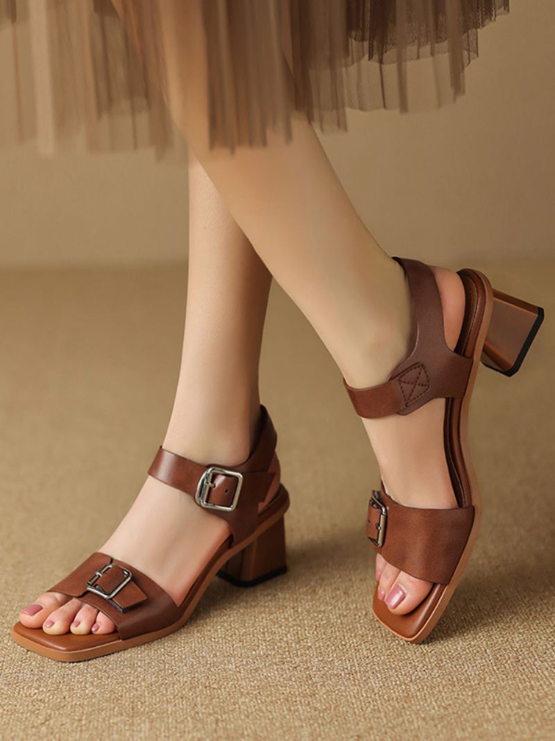 Gladiator-sandalen Dames Met Gesp Street Wear Pu-leer Sandalen Vierkante Neus Dikke Hak Koffiebruin - Koffie Bruin