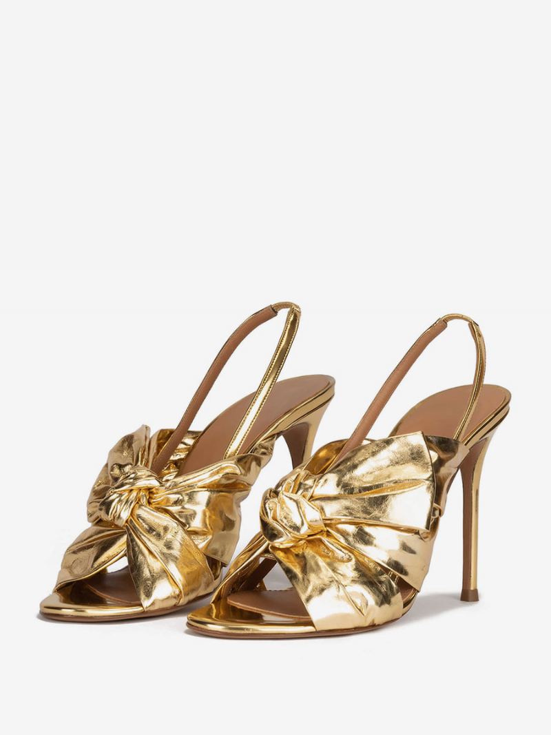 Goudkleurige Galaschoenen Dames Sandalen Met Hoge Hak Metallic Pu-leer Open Teen Geknoopte Slingback-feestschoenen