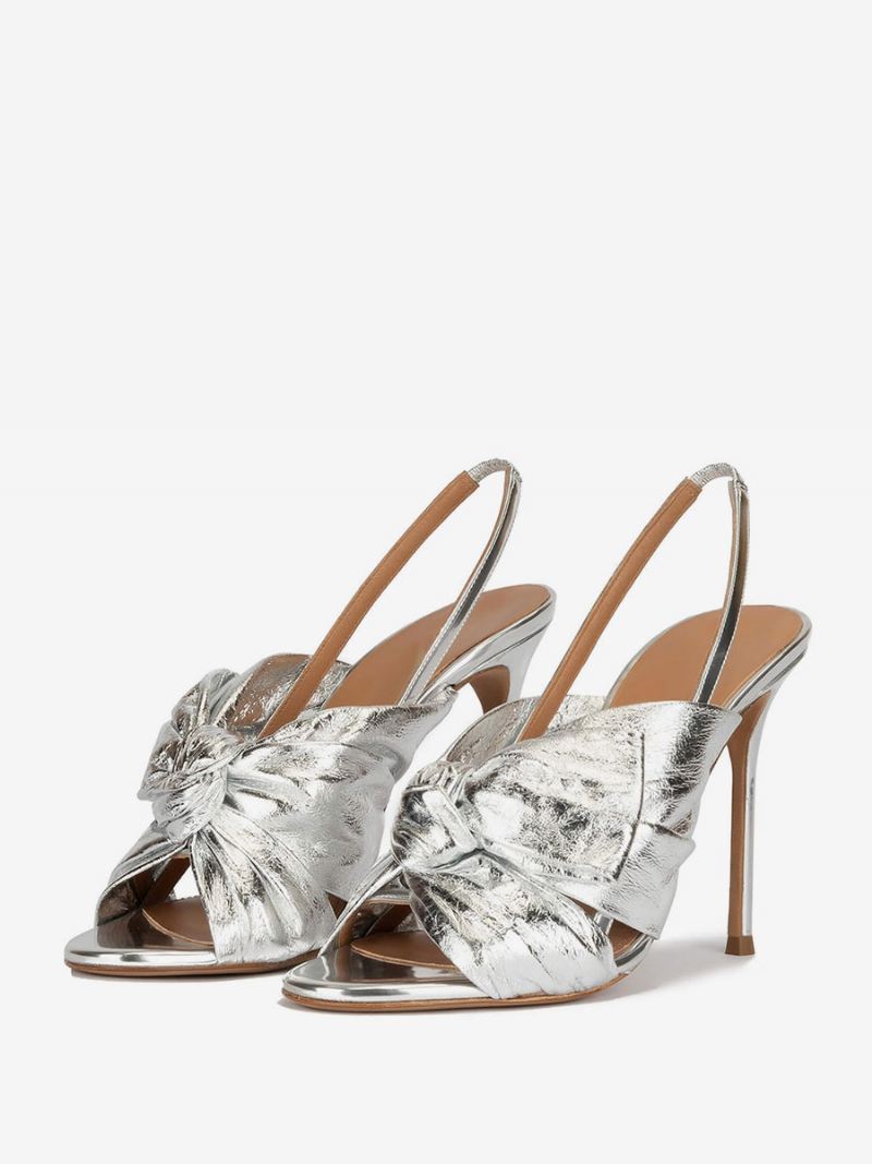 Goudkleurige Galaschoenen Dames Sandalen Met Hoge Hak Metallic Pu-leer Open Teen Geknoopte Slingback-feestschoenen - Zilver