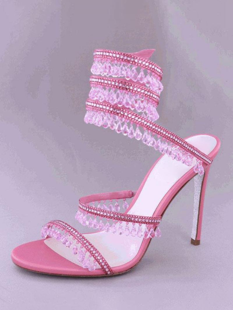 Hoge Hak Sandalen Dames Open Teen Strass Veterschoenen - Roze