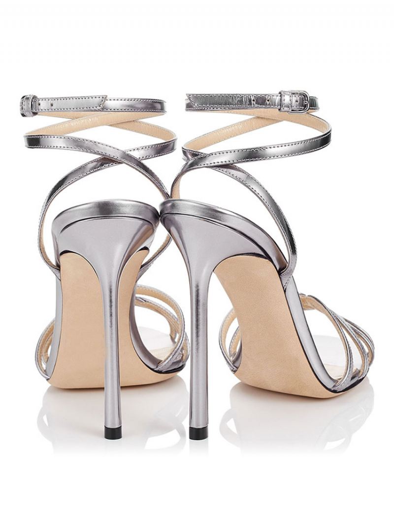 Hoge Hak Sandalen Dames Strappy Open Teen Slingback Stiletto - Zilver