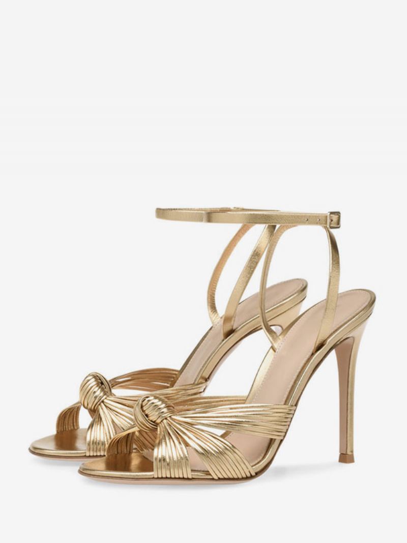 Hoge Hak Sandalen Goud Metallic Geknoopt Ontworpen Galaschoenen Dames Feestschoenen