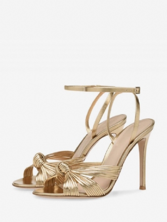 Hoge Hak Sandalen Goud Metallic Geknoopt Ontworpen Galaschoenen Dames Feestschoenen