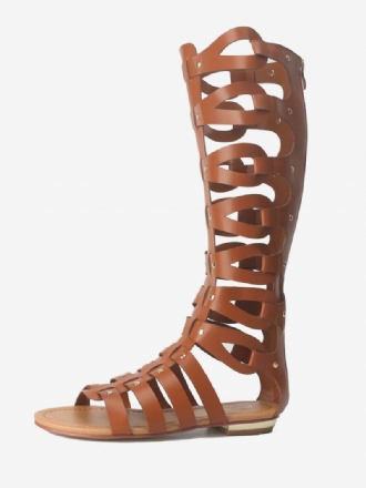 Kniehoge Gladiatorsandalen Dames Platte Sandalen Met Open Teen Studs