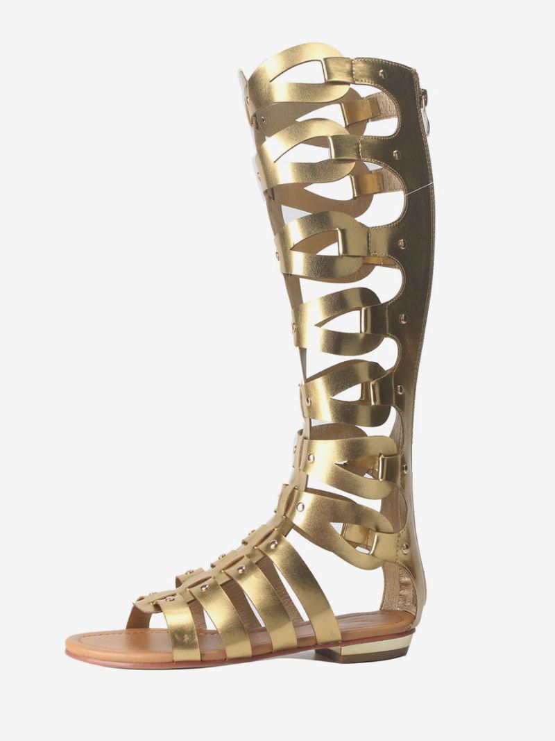 Kniehoge Gladiatorsandalen Dames Platte Sandalen Met Open Teen Studs - Goud