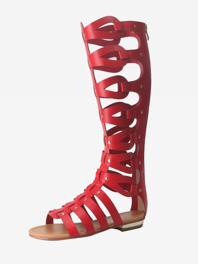 Kniehoge Gladiatorsandalen Dames Platte Sandalen Met Open Teen Studs - Rood