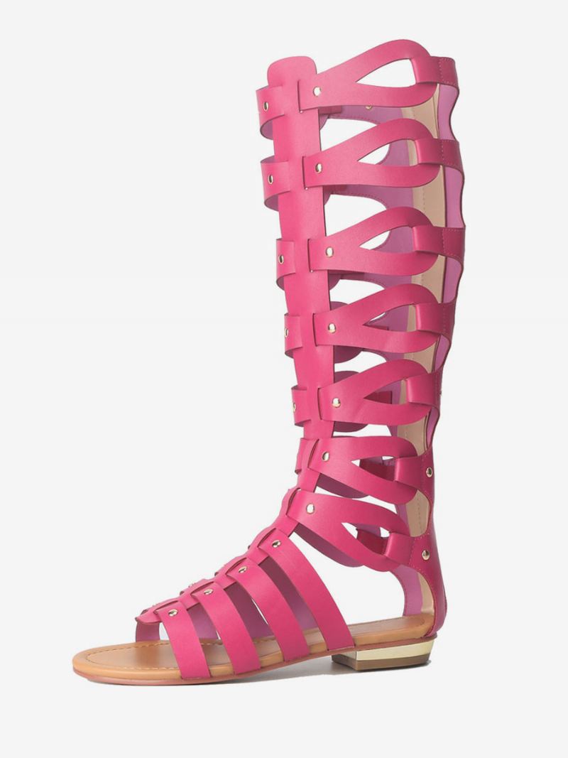 Kniehoge Gladiatorsandalen Dames Platte Sandalen Met Open Teen Studs - Roze