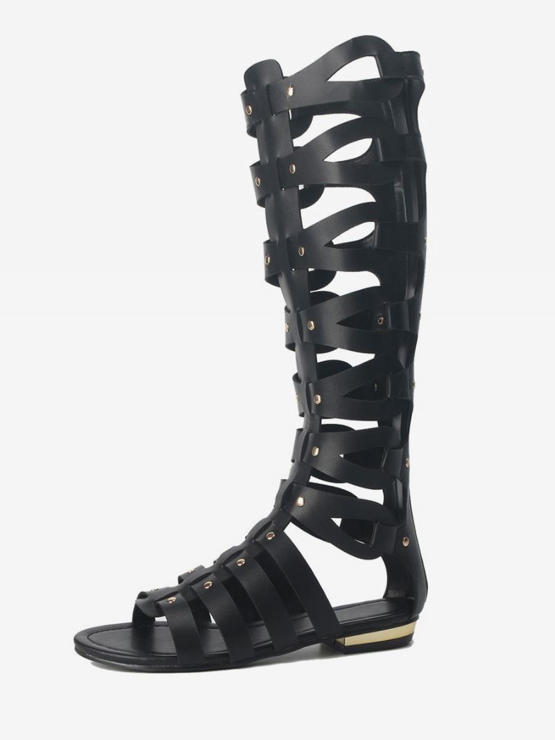 Kniehoge Gladiatorsandalen Dames Platte Sandalen Met Open Teen Studs - Zwart