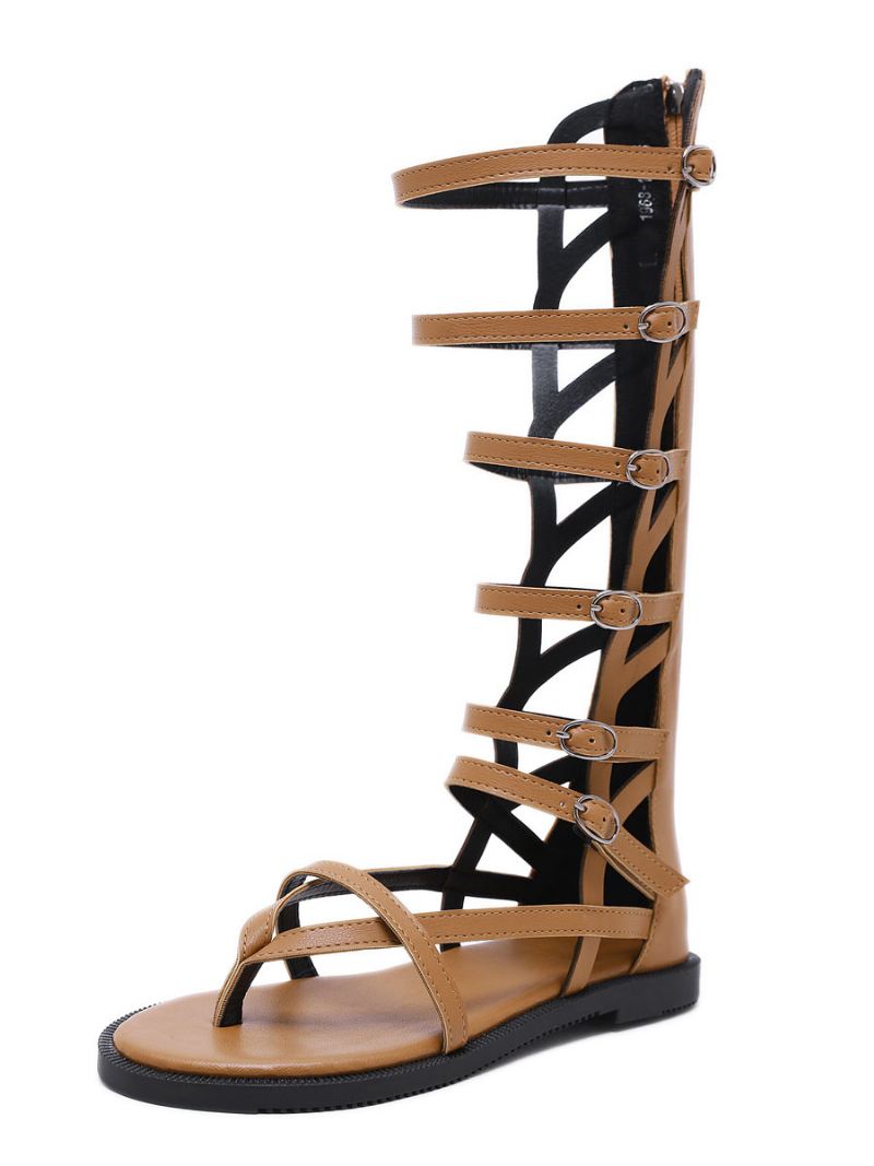 Mid Caif Gladiator-sandalen Dames Met Gespen Zwart Veganistisch Leer - Koffiebruin