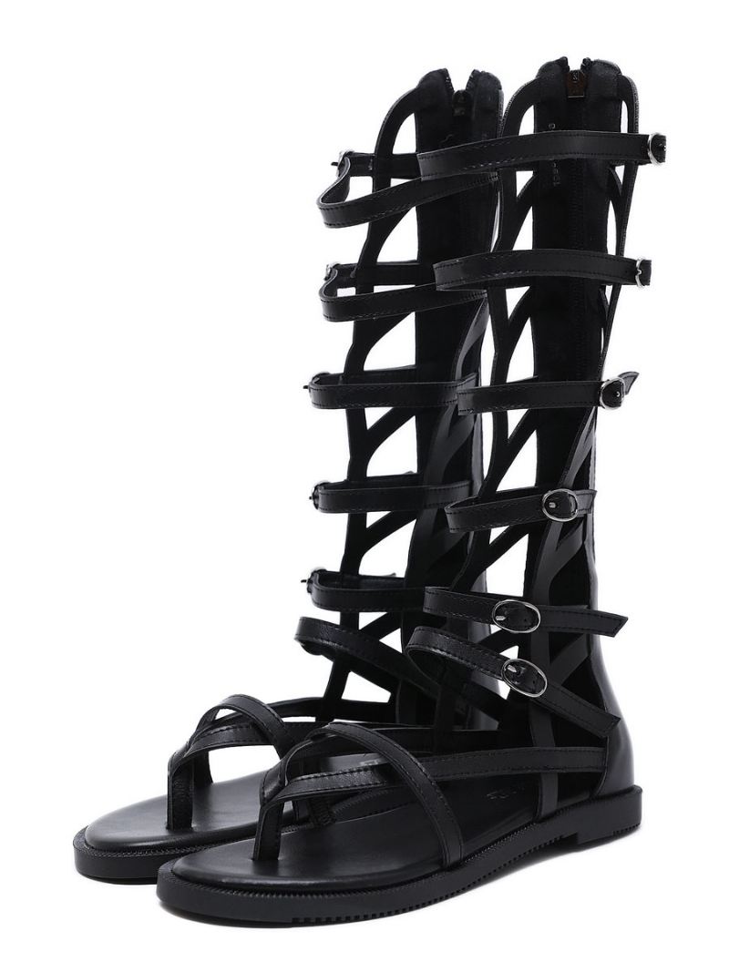 Mid Caif Gladiator-sandalen Dames Met Gespen Zwart Veganistisch Leer - Zwart