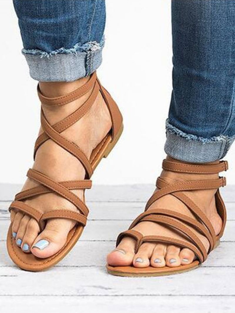 Platte Damessandalen Chique Open Teen Leren Sandalen Met Stringtoe - Koffiebruin