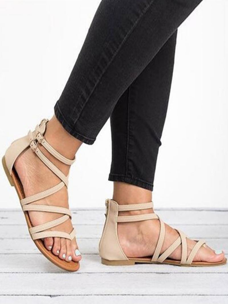 Platte Damessandalen Chique Open Teen Leren Sandalen Met Stringtoe - Beige