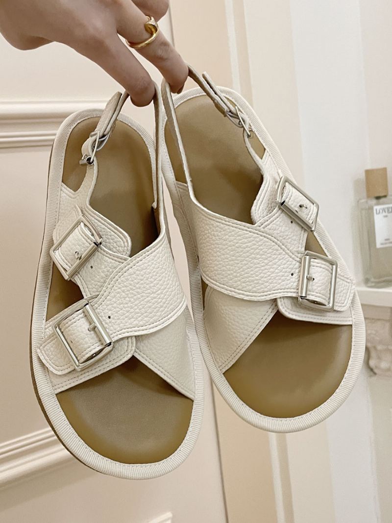 Platte Sandalen Dames Witte Gesp Criss Cross Sandaalschoenen