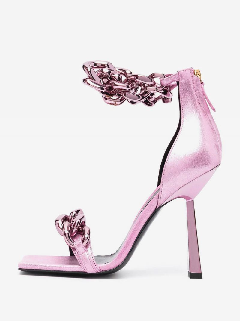 Roze Damessandalen Met Hoge Hak Metallic Kettingontwerp Galaschoenen Enkelbandje - Roze