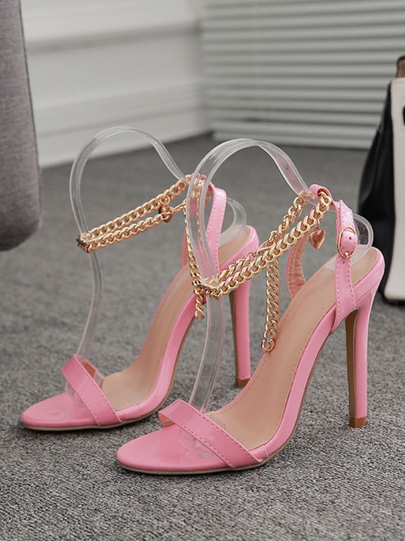 Roze Sandalen Met Hoge Hak Dames Open Teen Kettingdetail