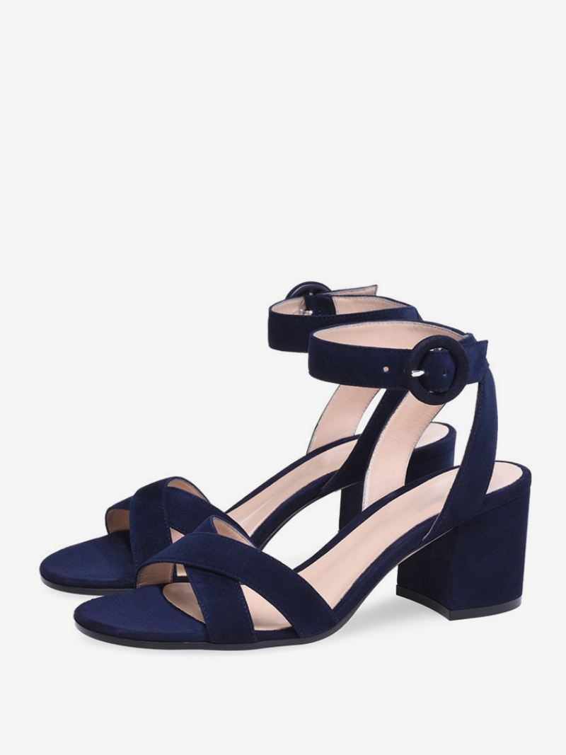 Sandalen Met Blokhak Dames Open Teen Mid-hak Enkelbandje Prom Schoenen - Diepblauw