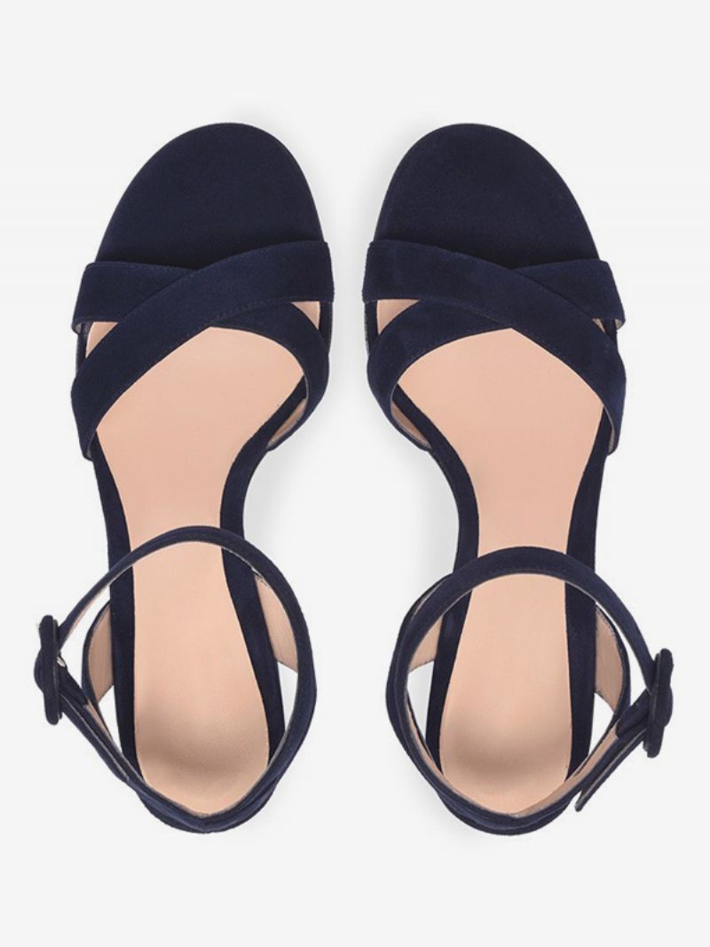 Sandalen Met Blokhak Dames Open Teen Mid-hak Enkelbandje Prom Schoenen - Diepblauw