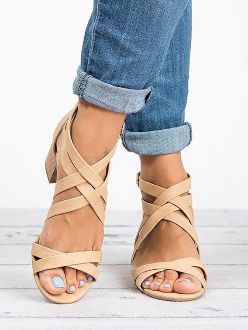 Sandalen Met Hak Dames Open Teen Dikke Kunstleer - Beige