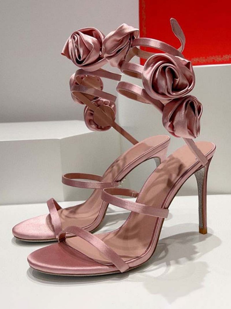 Sandalen Met Hak Dames Satijnzwart Open Teen Bloemendetail Sandaalschoenen Bandjes - Roze