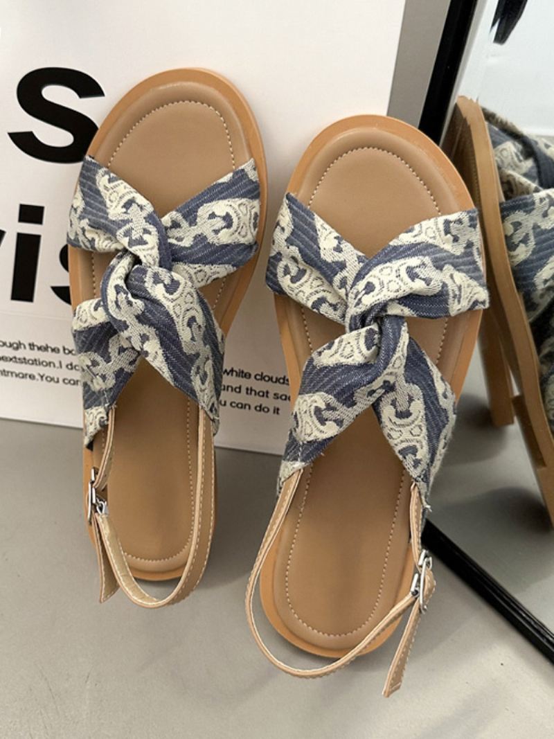 Verstelbare Platte Sandalen Dames Textiel Met Open Teen - Blauw