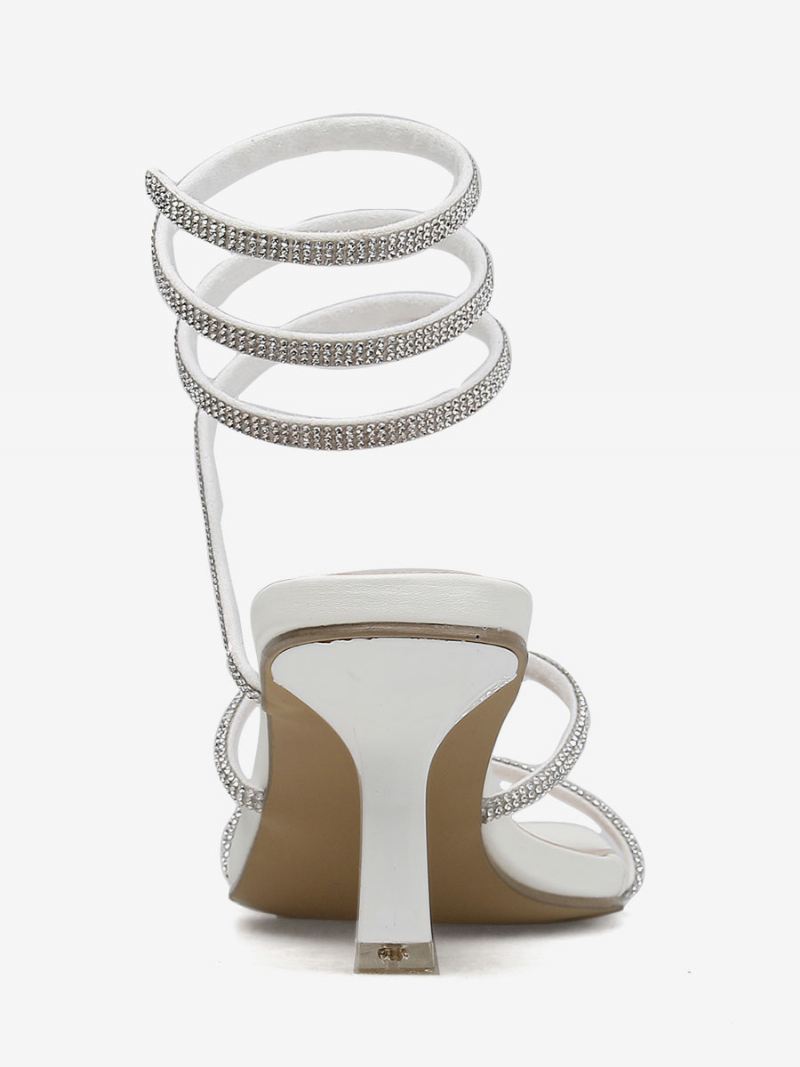 Witte Feestschoenen Dames Hoge Hak Vierkante Neus Strasssandalen Met Bandjes - Wit