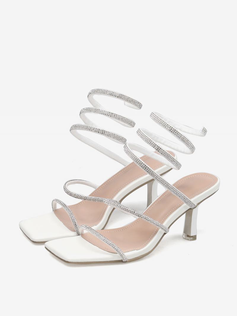 Witte Feestschoenen Dames Hoge Hak Vierkante Neus Strasssandalen Met Bandjes - Wit