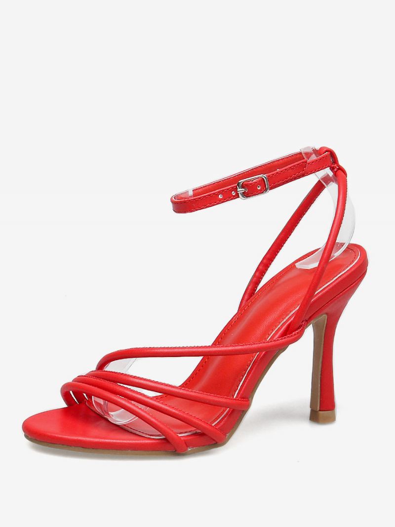 Witte Haksandalen Dames Ronde Neus Stilettohak Enkelbandje Bruidsmeisjesschoenen - Rood