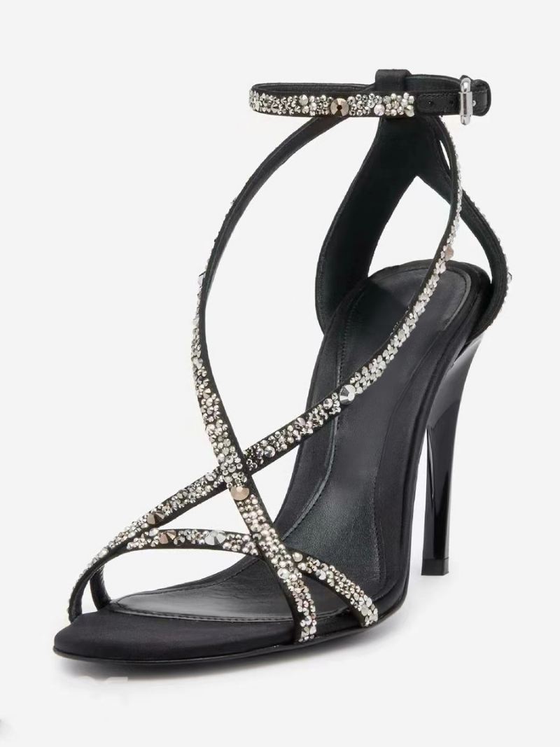 Zwarte Galaschoenen Dames Hoge Hak Strass Sandalen Met Bandjes