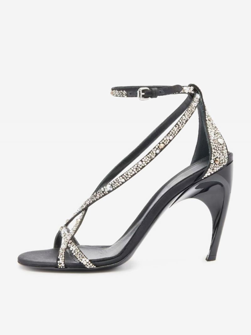 Zwarte Galaschoenen Dames Hoge Hak Strass Sandalen Met Bandjes - Zwart