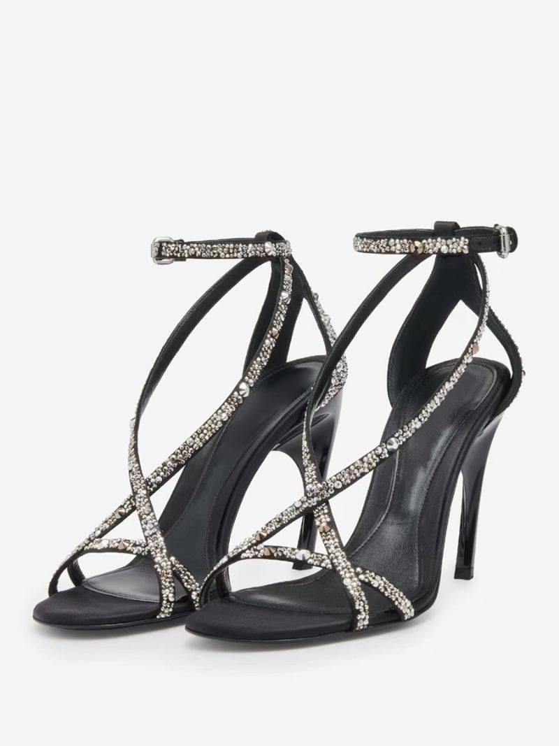 Zwarte Galaschoenen Dames Hoge Hak Strass Sandalen Met Bandjes - Zwart