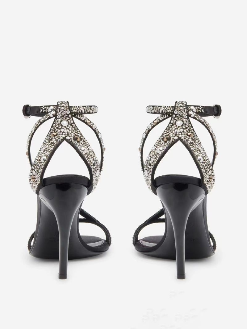 Zwarte Galaschoenen Dames Hoge Hak Strass Sandalen Met Bandjes - Zwart