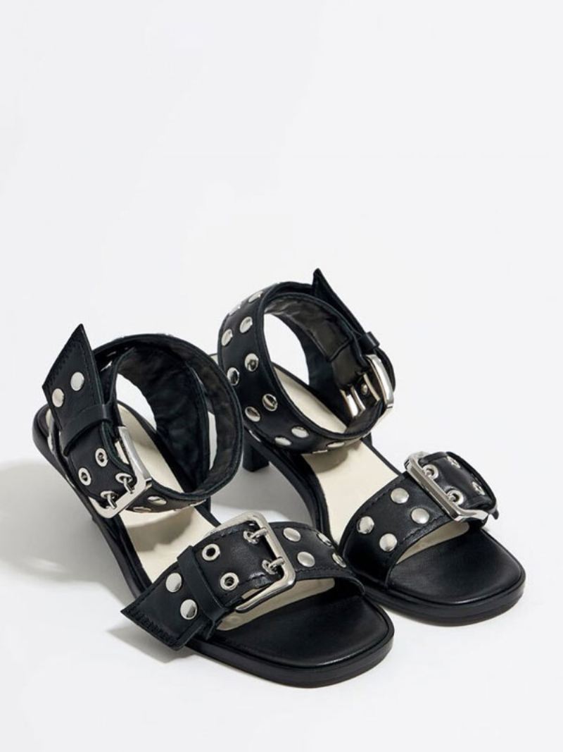 Zwarte Kitten Heel Sandalen Dames Open Teen Studed Buckle Detail Enkelbandje Sandaal Schoenen - Zwart