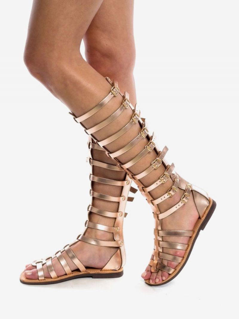 Zwarte Platte Gladiatorsandalen Dames Met Open Teen Gespdetail - Goud