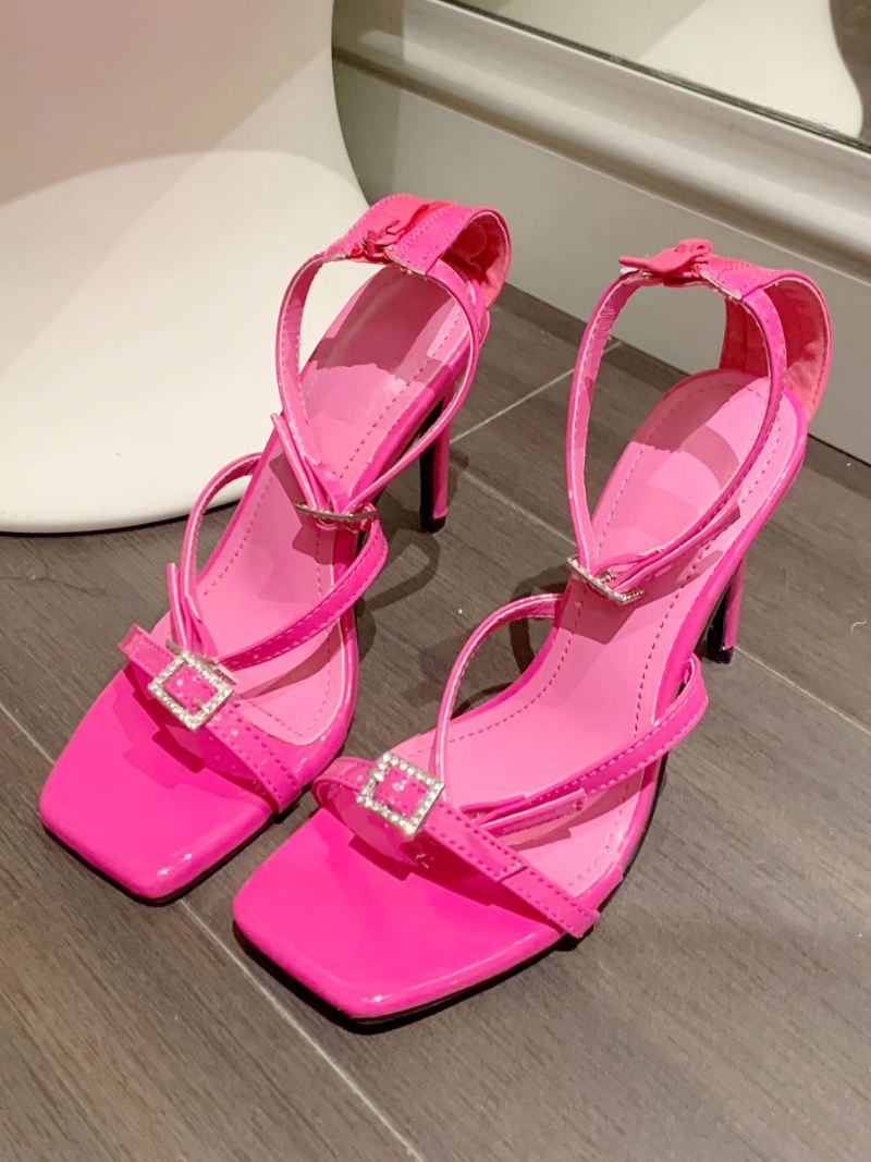 Zwarte Sandalen Met Bandjes Dames Vierkante Neus Gespdetail Hoge Hak - Roze