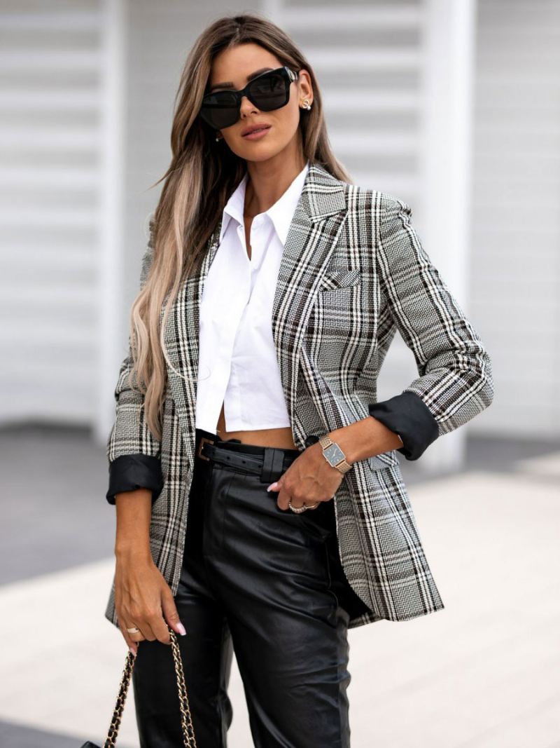 Blazer Dames Moderne Kraag Zakken Lange Mouwen Geruite Bovenkleding - Grijs