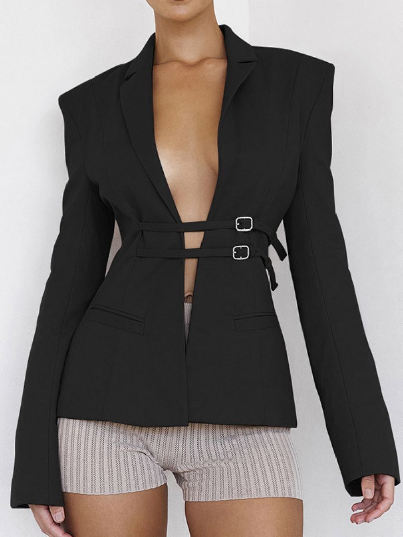 Blazer Met Lange Mouwen V-hals Ingekeepte Revers Dames - Zwart