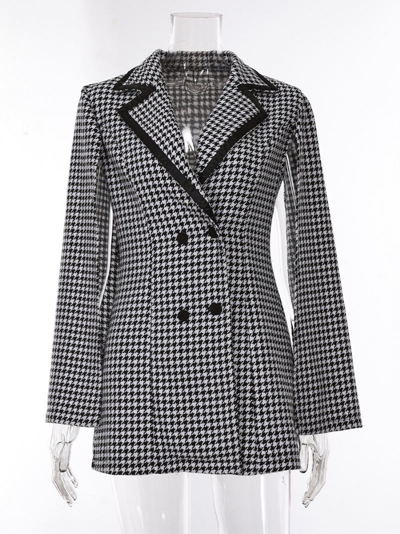 Dames Houndstooth Blazer V-hals Sjerp Lange Mouwen Business Casual Jas - Zwart