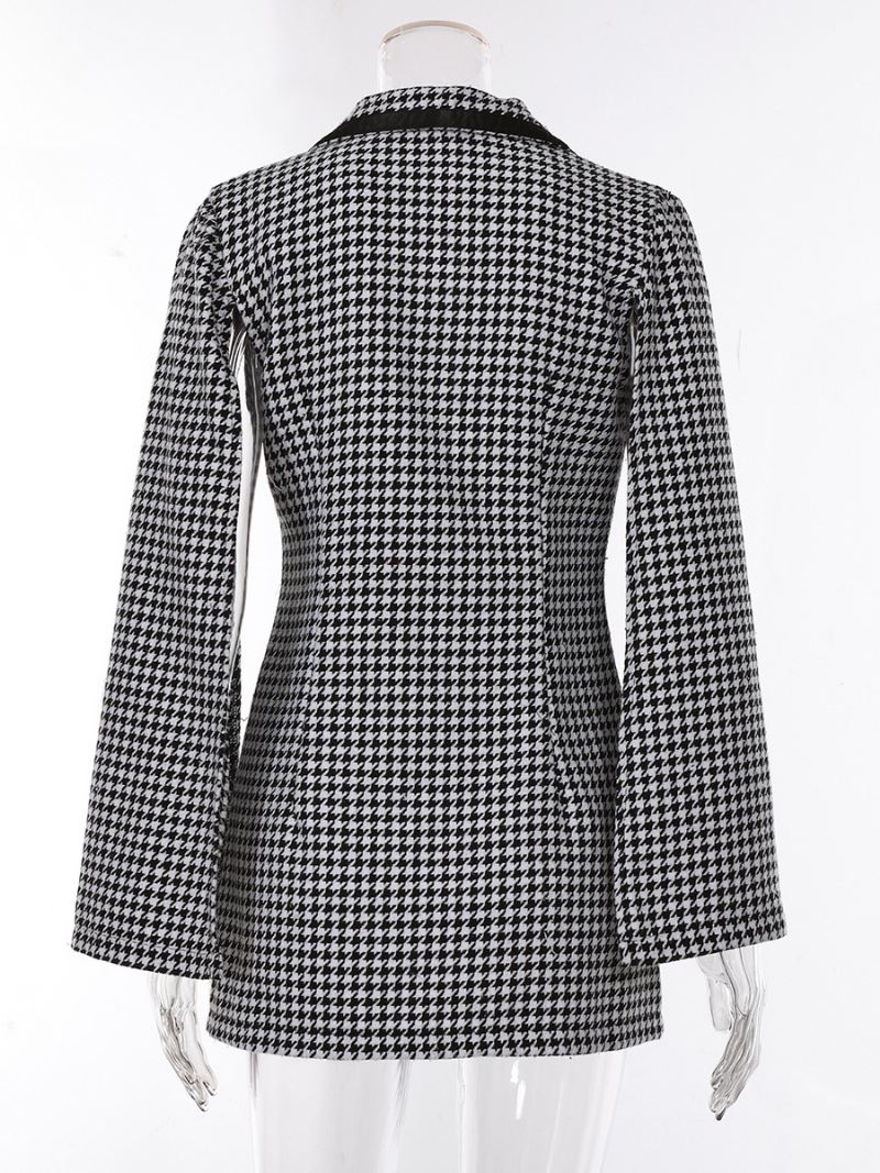 Dames Houndstooth Blazer V-hals Sjerp Lange Mouwen Business Casual Jas - Zwart