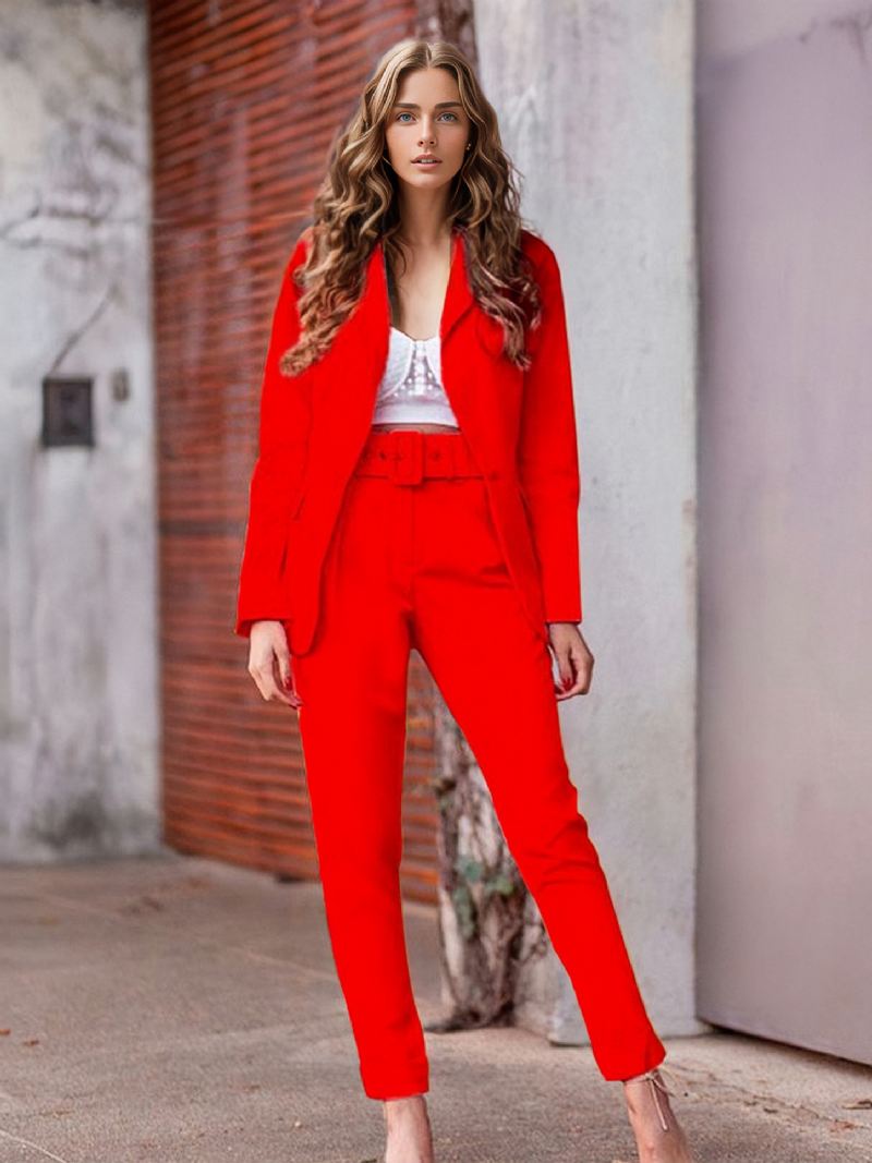 Dames Roze Tweedelige Sets Lente Lange Mouwen Turndown Kraag Outfit - Rood