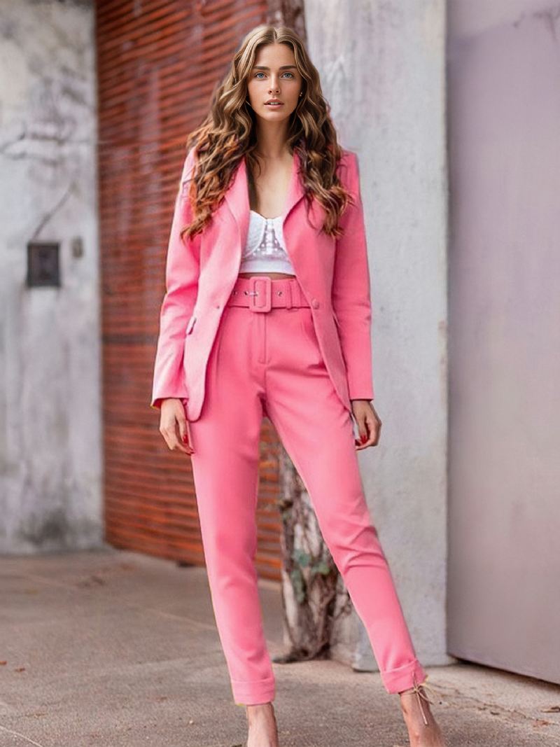 Dames Roze Tweedelige Sets Lente Lange Mouwen Turndown Kraag Outfit - Roze