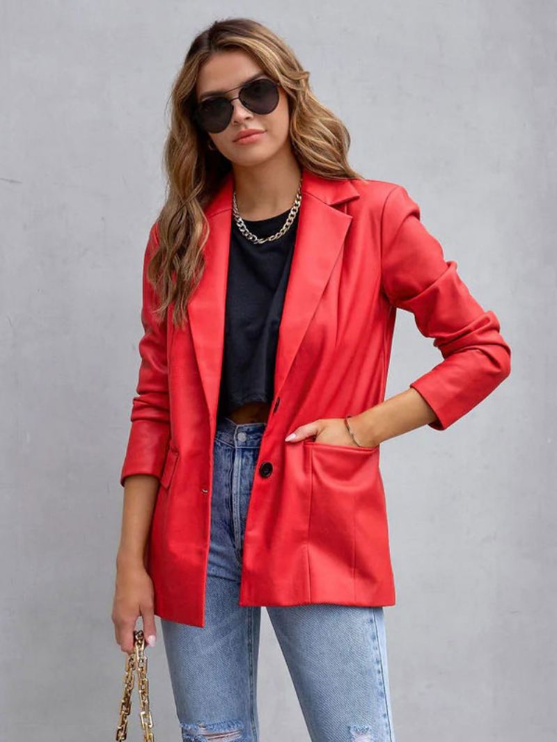 Imitatieleren Blazerjack Wit Pu Effen Kleur Casual Bovenkleding Lente Herfst Dames - Rood