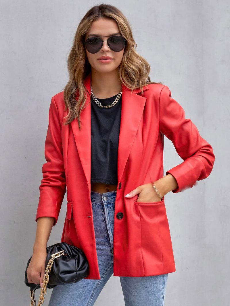 Imitatieleren Blazerjack Wit Pu Effen Kleur Casual Bovenkleding Lente Herfst Dames - Rood