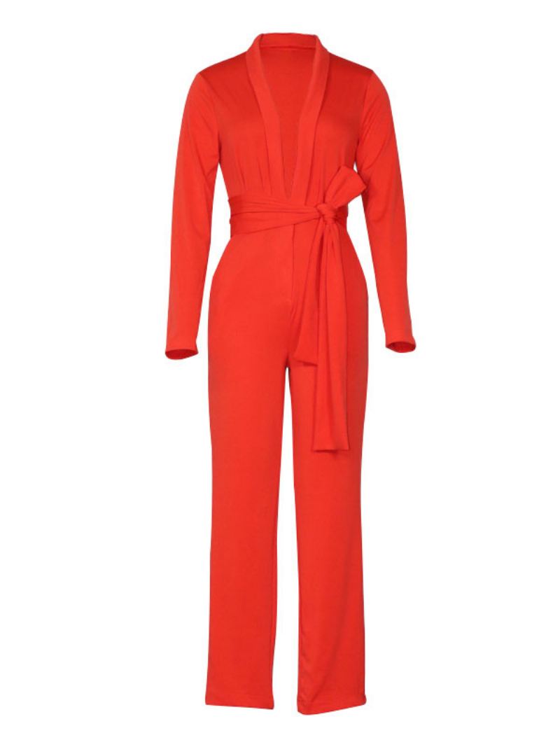 Rode V-hals Lange Mouwen Broek Jumpsuits Dames - Rood